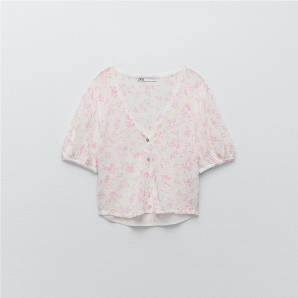Zara Pink and White Floral Button-Up Blouse – Puff Sleeve, Feminine & Chic - Picture 1 of 9